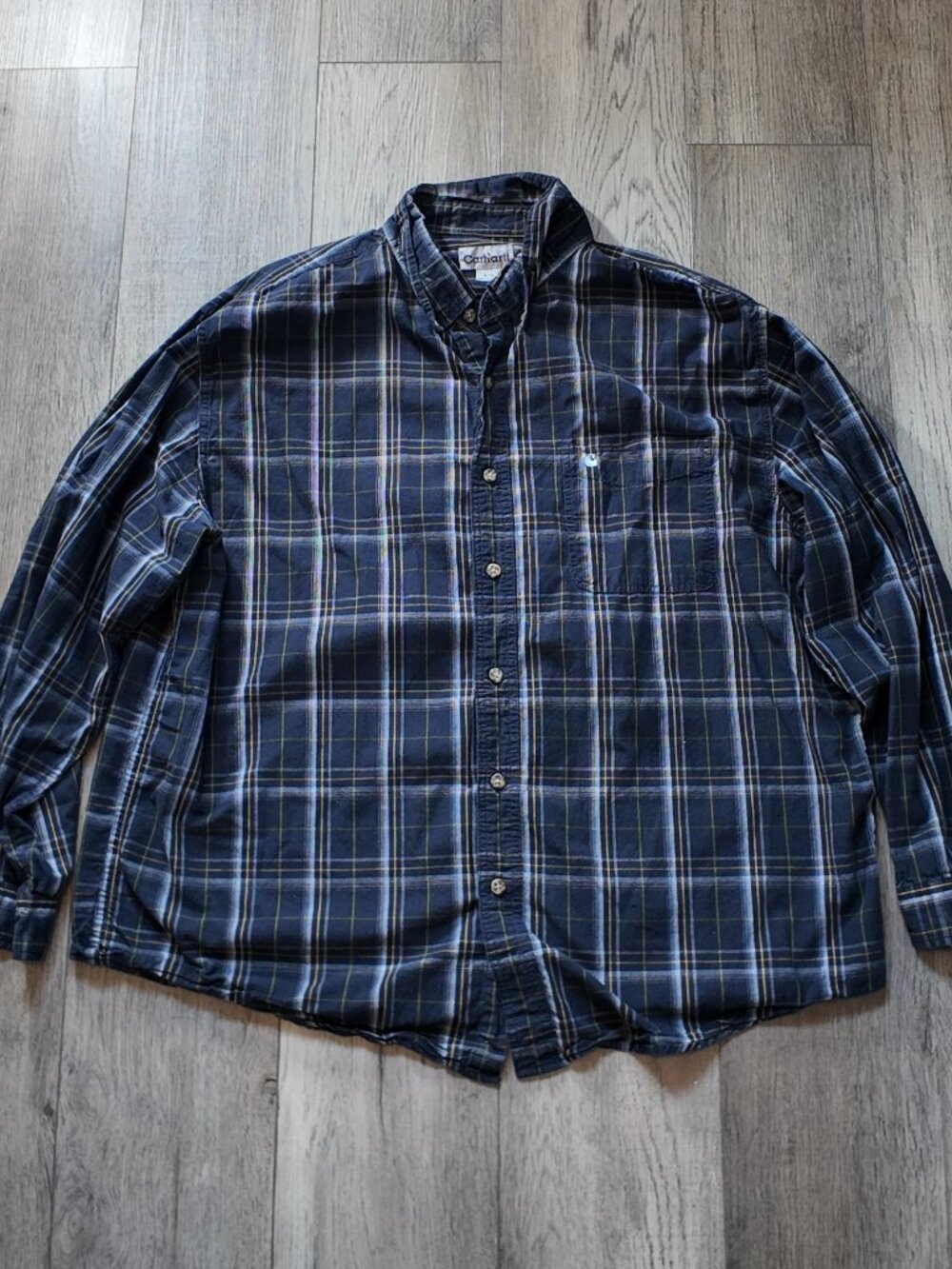 Carhartt Plaid Button Down Shirt Mens 2XL Long Sleeve Navy Blue Gold Workwear